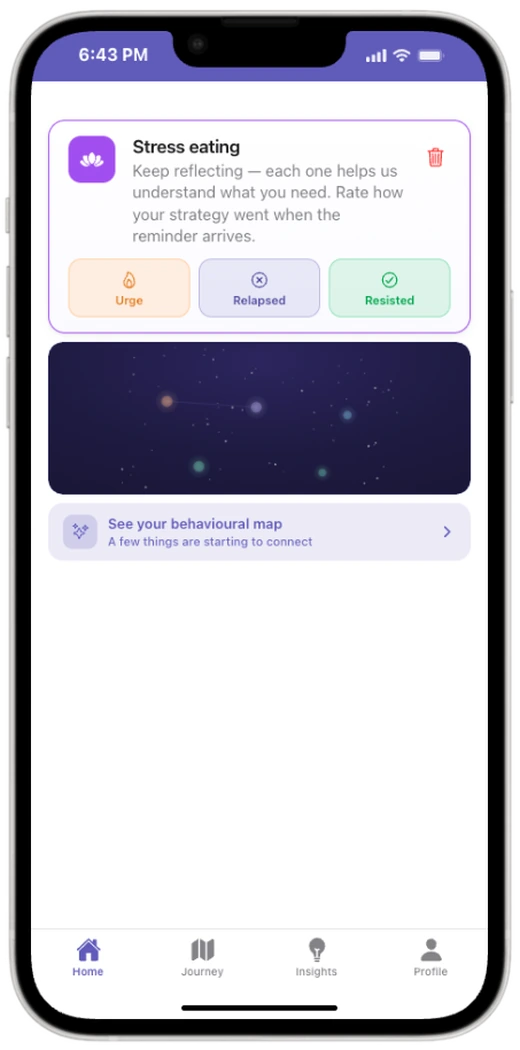 Home screen with Urge, Relapsed, Resisted actions and a behavioural map preview