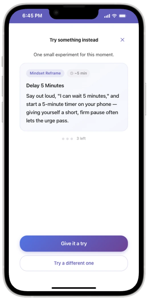 Suggested strategy card: Delay 5 Minutes, with Give it a try and Try a different one buttons