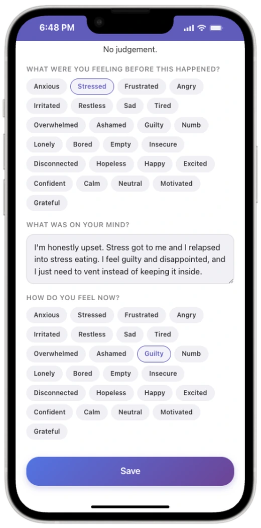 Relapse reflection sheet capturing feeling before, what was on your mind, and feeling now